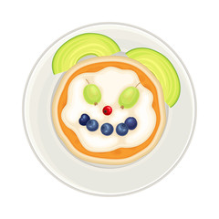 Child Breakfast with Pancake and Berries Arranged in Smiley Face Above View Vector Illustration
