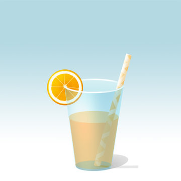 3d illustration of a glass with orange juice, a slice and a pipe. Template for design summer theme and drinks.
