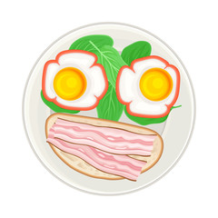 Sandwich with Sliced Bacon and Scrambled Eggs Served in Smiley Shape as Child Breakfast Vector Illustration