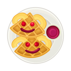 Appetizing Breakfast with Triangle Waffles and Berries Arranged in Smiley Face Above View Vector Illustration