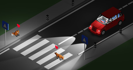 Robot taxi driver sits at the wheel of a taxi. Fox go to other fox ror love on the road.  Car with autopilot. Animal. 3D rendering, isometric.