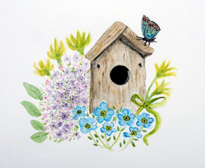 Sfondo primaverile, casetta degli uccelli nel giardino fiorito, isolato su sfondo bianco