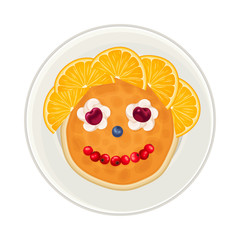 Child Breakfast with Pancake and Berries Arranged in Smiley Face Above View Vector Illustration