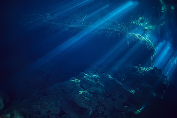 underwater landscape mexico, cenotes diving rays of light under water, cave diving background