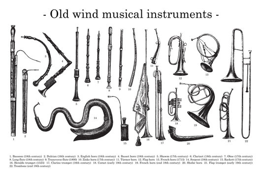 Old wind musical instruments / vintage illustration from Brockhaus Konversations-Lexikon 1908