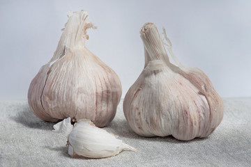Garlic heads and a clove of garlic on a napkin. Food background