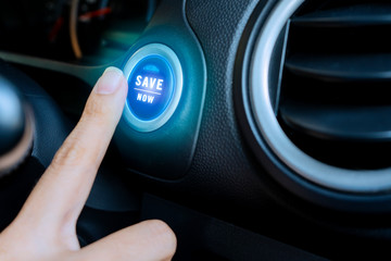 Women pushing a start button with the text save now