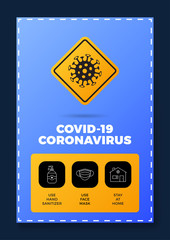 Prevention of COVID-19 all in one icon poster vector illustration. Coronavirus protection flyer with outline icon set and road warning sign. Stay at home, use face mask, use hand sanitizer