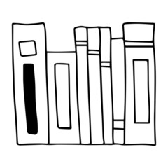 Vector icon of book, books, pile of books, paper book, e book, open book. Handdrawn black outline isolated on white background.  Doodle style.
