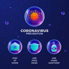 Prevention of COVID-19 all in one icon poster vector illustration. Coronavirus protection flyer with realistic glossy ball icon set. Stay at home, use face mask, use hand sanitizer