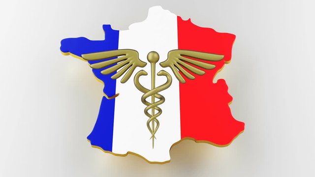 Caduceus sign with snakes on a medical star. Map of France land border with flag. France map on white background. 3d rendering