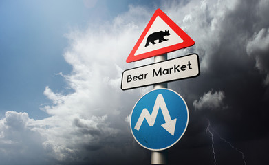 Financial Stock Market Downturn. A bear market global recession with warning markings on road signs. 3D illustration concept.