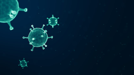 Obraz premium Virus cells flowing viral disease outbreak concept. Microscopic view of a infectious virus. Contagion and propagation of disease. COVID-19 (coronavirus). Sars. Flu. 3D Rendering