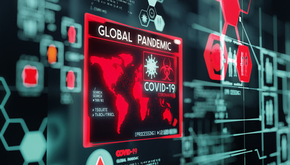 Covid-19 coronavirus, data visualization of the virus as it turns into a global pandemic. 3D illustration.