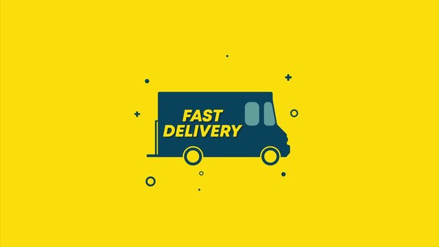 The delivery car goes and the inscription "Fast Delivery 24/7" appears. Animation of a food delivery van on a yellow background
