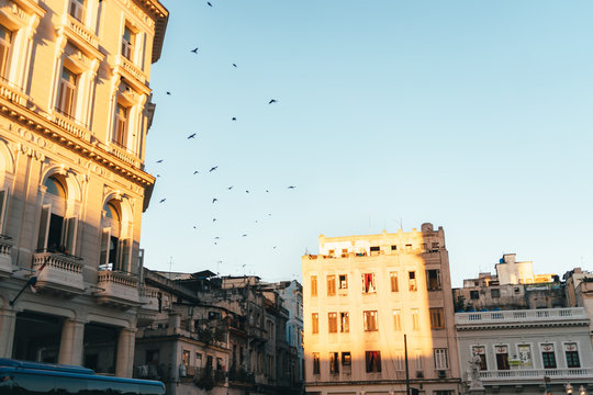 Streets and houses at sunset in old Havana in Cuba