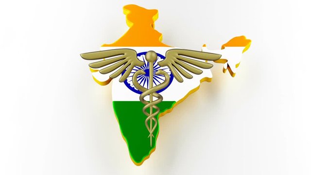 Caduceus sign with snakes on a medical star. Map of India land border with flag. India map on white background. 3d rendering