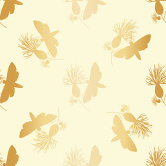 Gold foil six spot burnet day flying moth seamless vector pattern background. Scottish insect and knapweed metallic backdrop. All over print for luxury packaging, Golden Wedding anniversary stationery