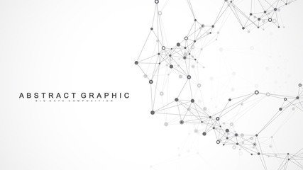 Geometric abstract background with connected line and dots. Network and connection background for your presentation. Graphic polygonal background. Wave flow. Scientific vector illustration.