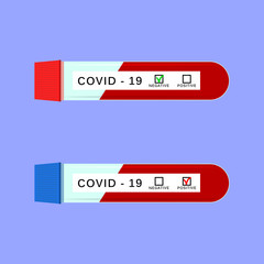 Test tubes with positive and negative result of coronavirus. COVID-19 virus test. Vector illustration.