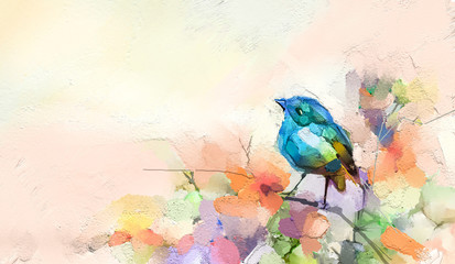 Abstract colorful oil, acrylic painting of bird and spring flower. Modern art paintings brush stroke on canvas. Illustration oil painting, animal and floral for background. - 334430292