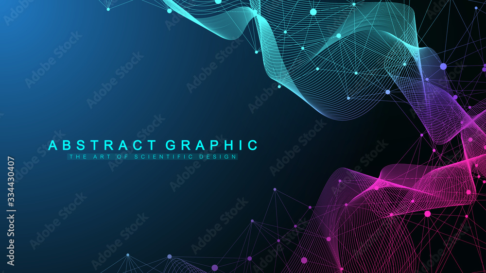 Poster Geometric abstract background expansion of life. Colorful explosion background with connected line and dots, wave flow. Graphic background explosion, motion burst. Scientific vector illustration.