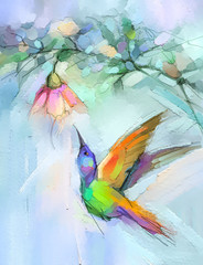 Abstract colorful oil, acrylic painting of bird (Hummingbird) and spring flower. Modern art paintings brush stroke on canvas. Illustration oil painting, animal and floral for background. - 334430405