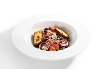 Buche de chevre with stewed pear and berry sauce