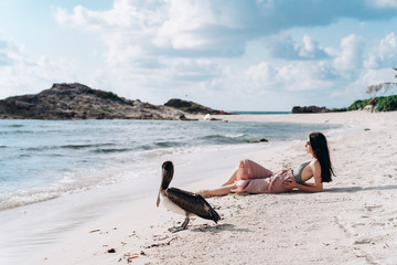 A girl in pink pants sits on the Caribbean Sea near to a pelican