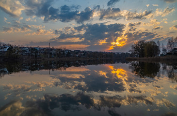 Sunset. Seeing today on the lake in the village of Luka. Kiev region. Ukraine. March 28, 2020.