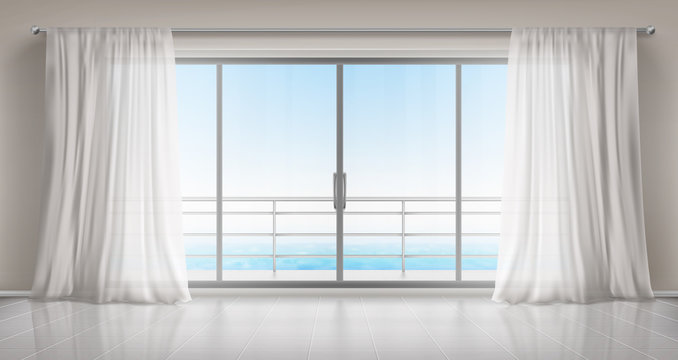 Glass windows with white silk curtains and overlooking to sea. Vector realistic interior of empty room in home or hotel with glass doors to balcony, terrace with railings