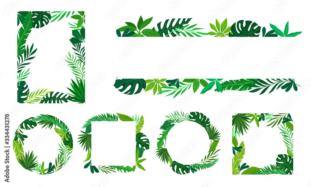 Poster tropical leaves and branches in shaped frames and borders vector set