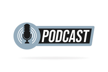 Podcast radio icon illustration. Studio table microphone with broadcast text podcast. Webcast audio record concept logo