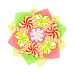 Bouquet of Striped Sweets and Candies in Paper Wrap View from Above Vector Illustration