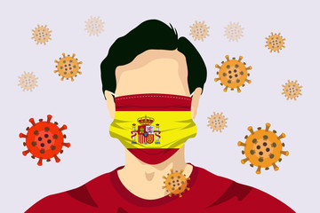 Illustration vector graphic of image man wearing Spain flags surgical mask to prevent Coronavirus and diseases. Coronaviruses vector illustration, virus originate in Wuhan China. vector EPS10.