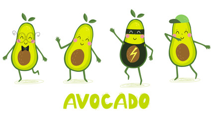 Cute hand drawn with cartoon avocado. Funny cartoon avocado healhty food. Fresh print