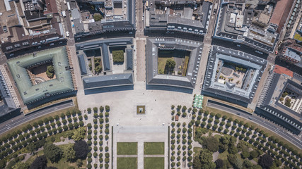 Aerial view of Schlossplatz and Buildings in Karlsruhe Palace, Germany.