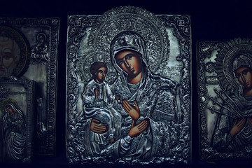 Kalambaka, Greece - September 17, 2019: Orthodox icons in a church shop, church faith concept