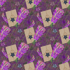 Seamless abstract pattern. A bouquet of lavender and a card from craft paper.