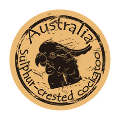 Great white cockatoo bird head silhouette icon round shabby emblem design old retro style. . Greater white-crested cockatoo logo mail stamp on craft paper vintage grunge sign. Sulphur crested cockatoo © Anna Kolesnikova1161