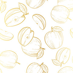 Golden seamless autumn apples with leaves pattern.