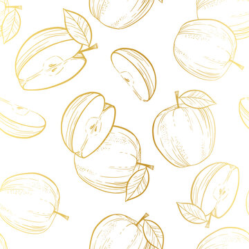 Golden seamless autumn apples with leaves pattern.