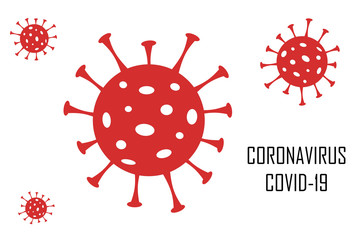 Illustration with the design and shape of a virus in red and the text Covid-19, coronavirus, with a white background.
