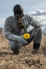 A strange man in a gas mask and chemical protective suit in the field looks at a yellow flower. Air...