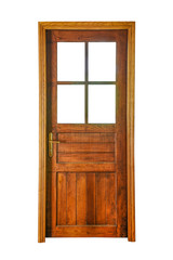 A wooden door with glass openings isolated on white background
