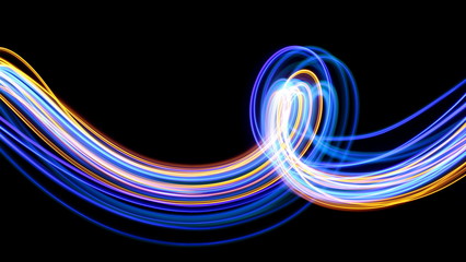 Light painting photography, blue and gold loops and swirls of vibrant color, long exposure photo of fairy lights against a black background