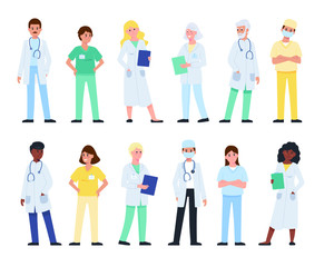Obraz premium Set of doctor cartoon characters. Medical staff team concept in hospital. Vector illustration