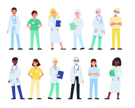 Set of doctor cartoon characters. Medical staff team concept in hospital. Vector illustration