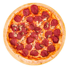 Salami pizza with mushrooms on bamboo bottom, isolate on white, top view