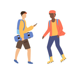 Man holding skateboard and roller skater in helmet isolated cartoon people. Vector side view of boy using phone, person wearing casual clothes and backpack